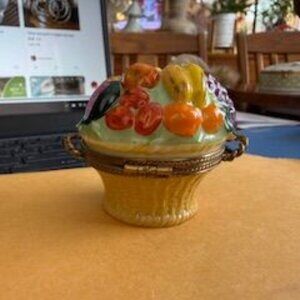 Fruited basket limoge trinket box metal handles